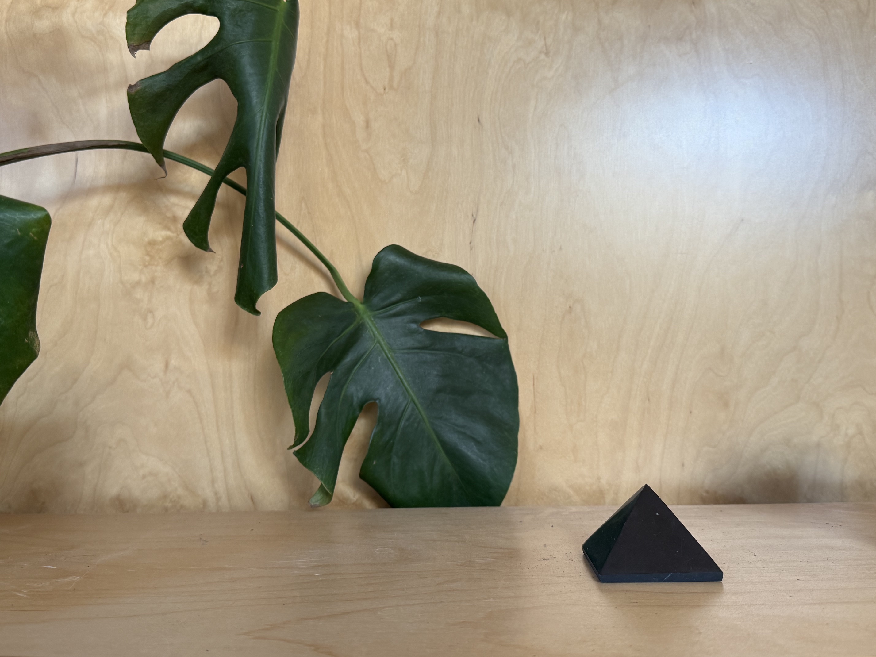 Monstera leaf and black pyramid stone on a wooden shelf